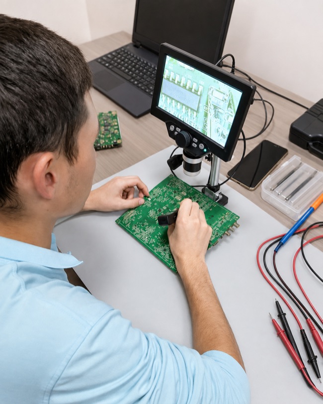 пайка SMD-компонентов под микроскопом на курсе электроники